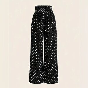 Black White Polka Dot Wide Leg Pants – High Waist Smocked Waistband